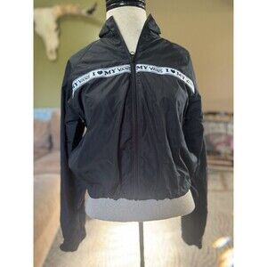 Vans Women’s “I LOVE MY VANS” Black White Zip-Up Windbreaker Jacket Sz S Y2k